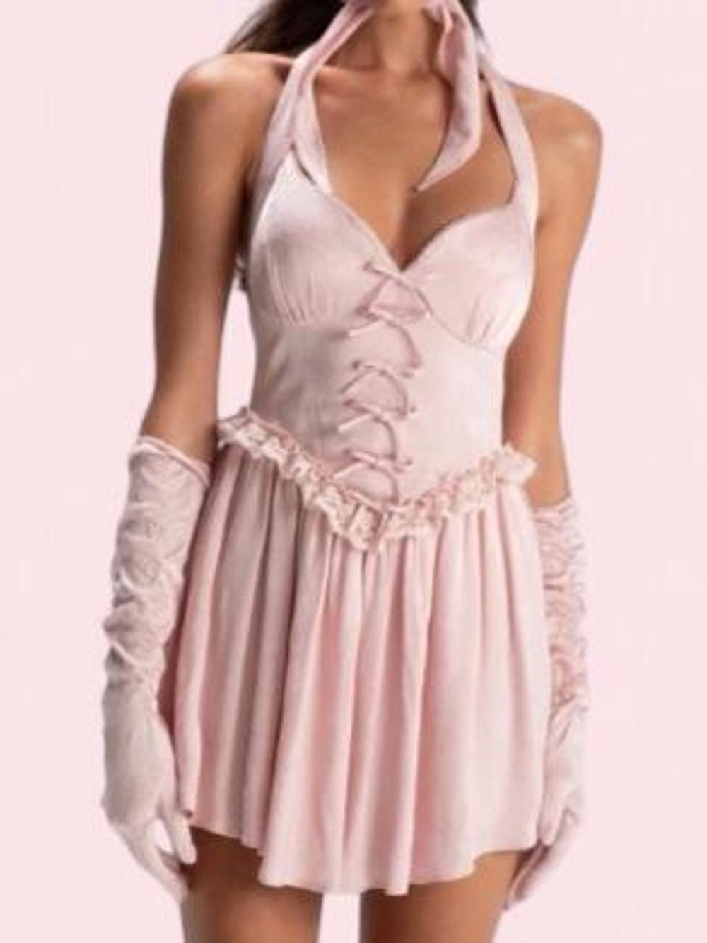 Nana Jacqueline Blush Pink Halter Mini Dress with Lace-Up Bodice
